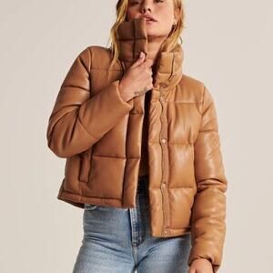 Abercrombie & Fitch A&F Vegan Leather Mini Puffer Coat Camel